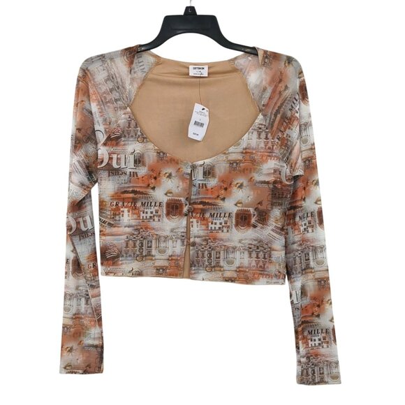 Cotton On Y2K Mesh Cropped Top Women Size L Euro Graphic Long Sleeve Retro Cyber - Picture 1 of 9